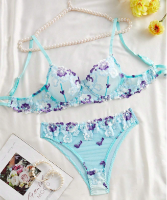 SHEIN - Ensemble lingerie 2 pièces – Dentelle florale brodée - Bleu azur