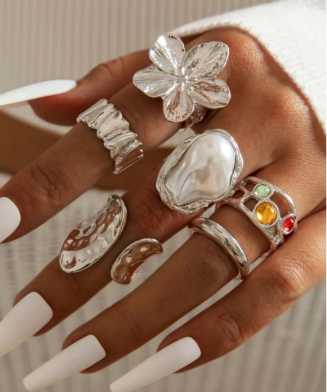 SHEIN - Lot de 6 bagues élégantes géométriques & perles - Argenté