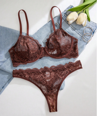 SHEIN - Ensemble soutien-gorge sans armatures – Dentelle & confort - Marron chocolat