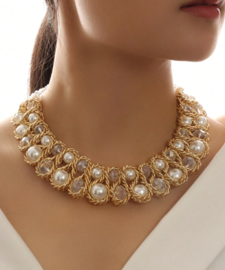SHEIN - Collier double rang perles & cristaux – Blanc nacré