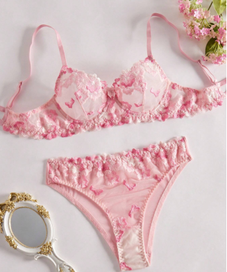 SHEIN - Ensemble lingerie 2 pièces – Dentelle florale brodée - Rose bonbon