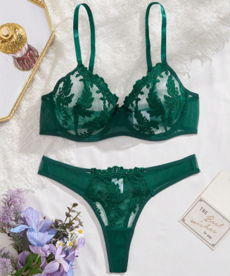 SHEIN - Ensemble soutien-gorge - Dentelle brodée & tulle transparent - Vert sapin