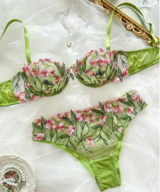 SHEIN - Ensemble lingerie 2 pièces – Dentelle florale brodée - Vert