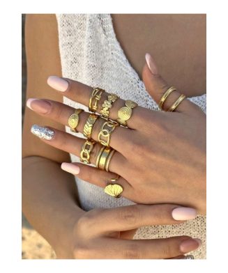 SHEIN - Set de 10 bagues rondes réglables en acier inoxydable plaqué or 18K