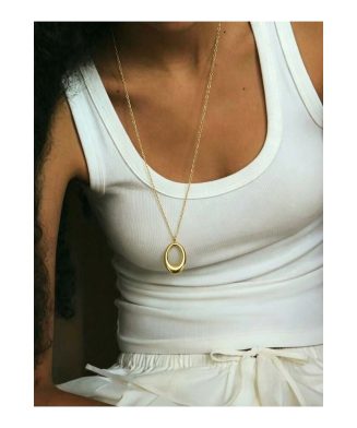 SHEIN - Collier long pendentif ovale creux – acier inoxydable plaqué or 18K