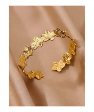 SHEIN - Bracelet manchette fleur plumeria – acier inoxydable plaqué or 18K